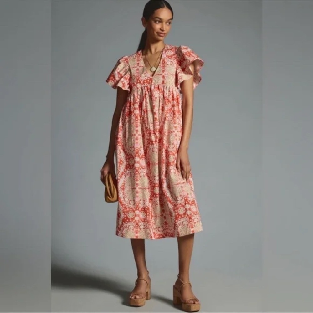 Anthropologie Maeve Coral and Beige Patterned Midi Dress Cotton
